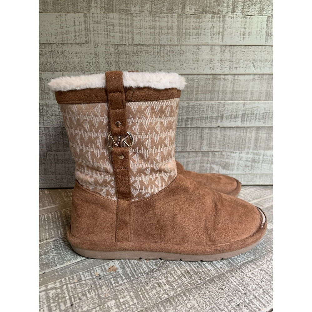 Women's MICHAEL KORS Signature Tan Brown Canvas Mid Winter Boots Sz 3